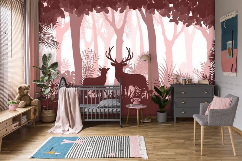 Behang Deer in the woods pink - Daring Walls