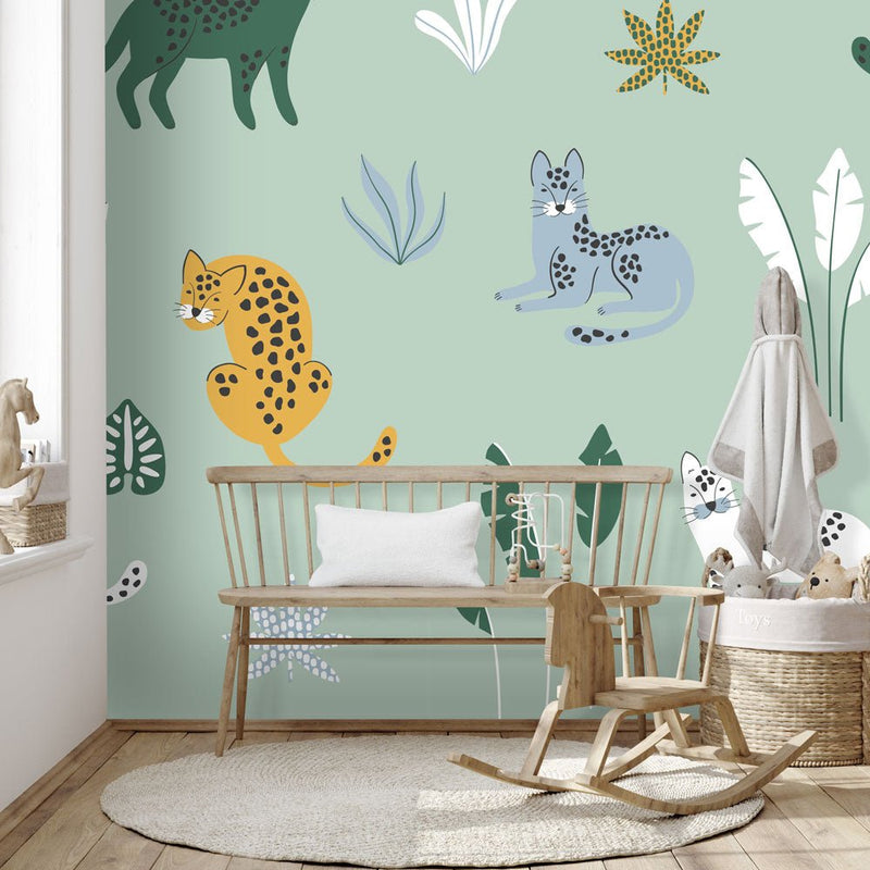 Behang Jungle cats green blue - Daring Walls