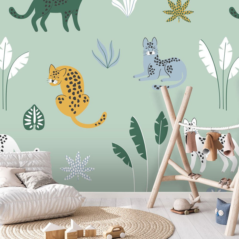 Behang Jungle cats green blue - Daring Walls