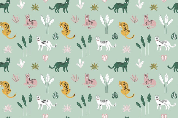 Behang Jungle cats green pink - Daring Walls