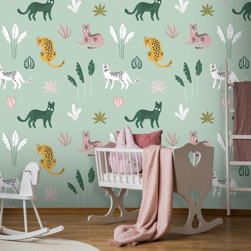 Behang Jungle cats green pink - Daring Walls