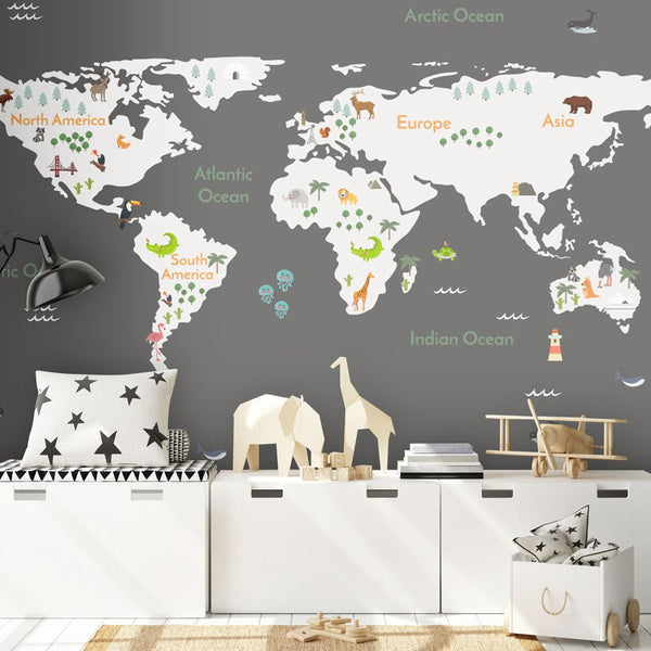 Behang World map continents dark grey - Daring Walls