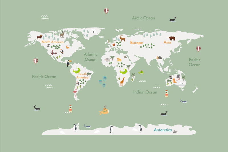 Behang World map continents green - Daring Walls
