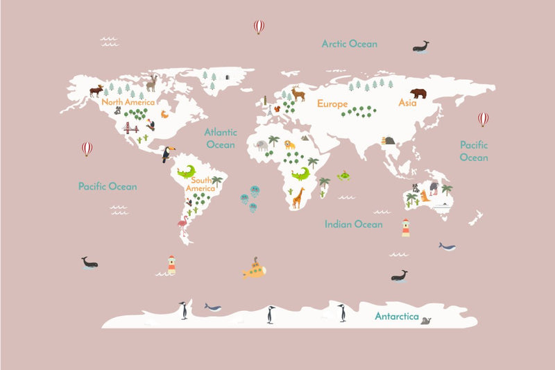 Behang World map continents pink - Daring Walls