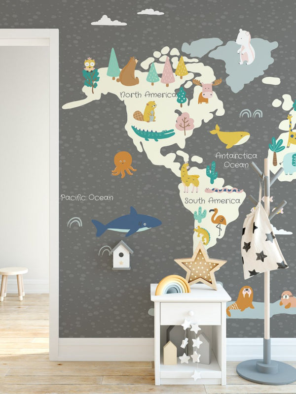 Behang World map Happy animals Grey - Daring Walls