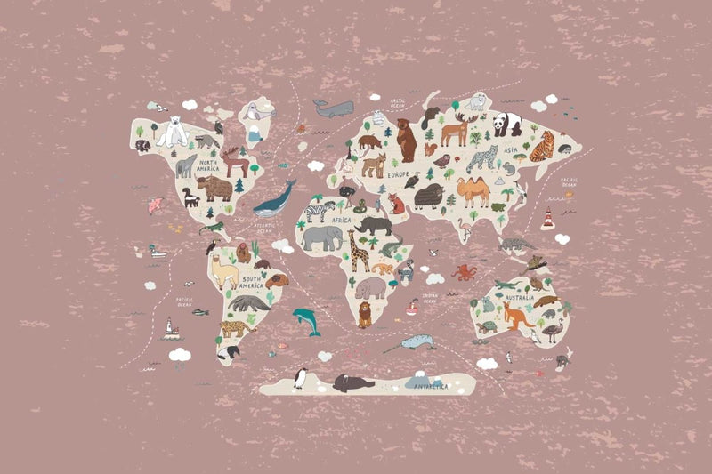 Behang World map Happy animals Pink - Daring Walls