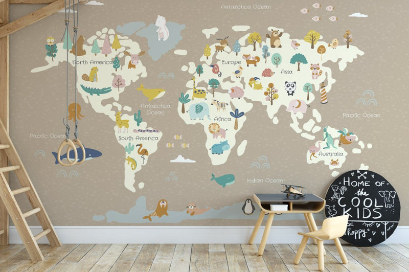 Behang World map Happy animals Sand - Daring Walls