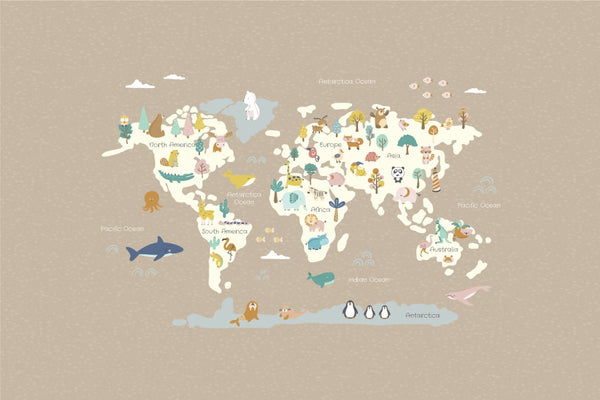 Behang World map Happy animals Sand - Daring Walls