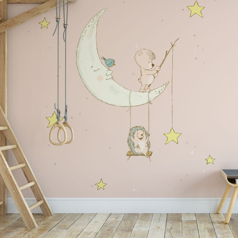 Kinderbehang Egeltje aan maan roze - Daring Walls
