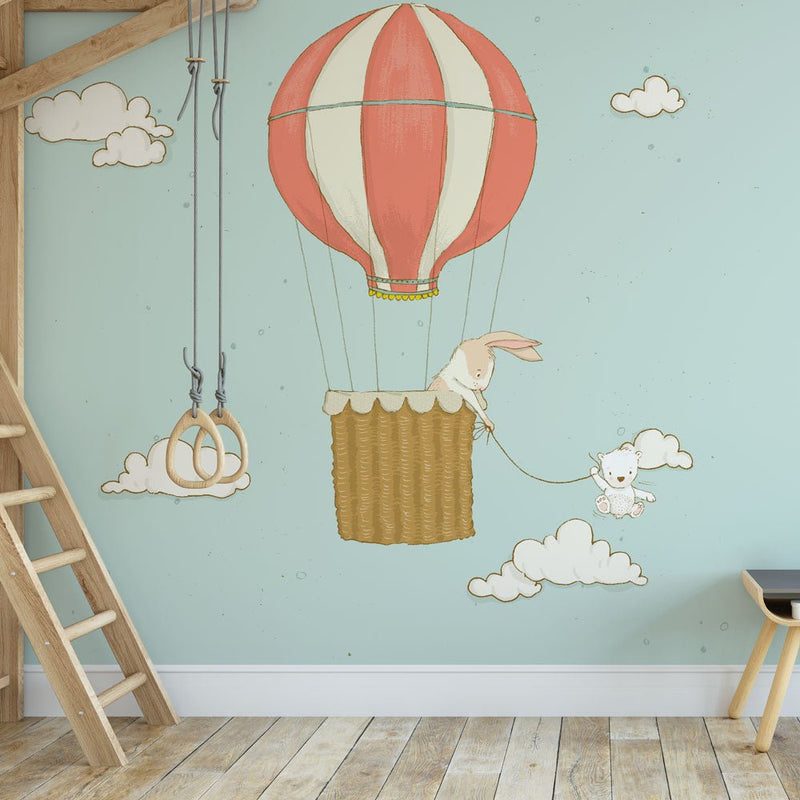Kinderbehang Olifantje aan ballon blauw - Daring Walls
