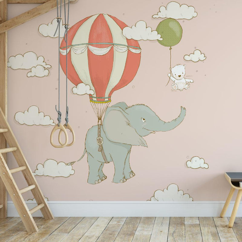 Kinderbehang Olifantje aan ballon roze - Daring Walls