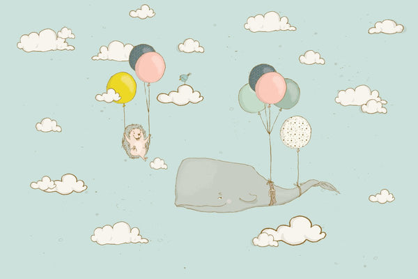 Kinderbehang walvis en egel aan ballonnen blauw - Daring Walls