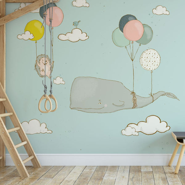 Kinderbehang walvis en egel aan ballonnen blauw - Daring Walls