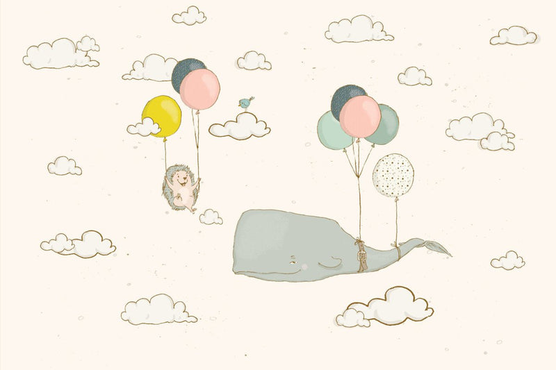 Kinderbehang walvis en egel aan ballonnen creme - Daring Walls