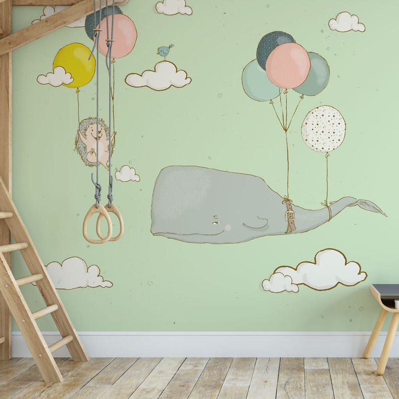 Kinderbehang walvis en egel aan ballonnen groen - Daring Walls