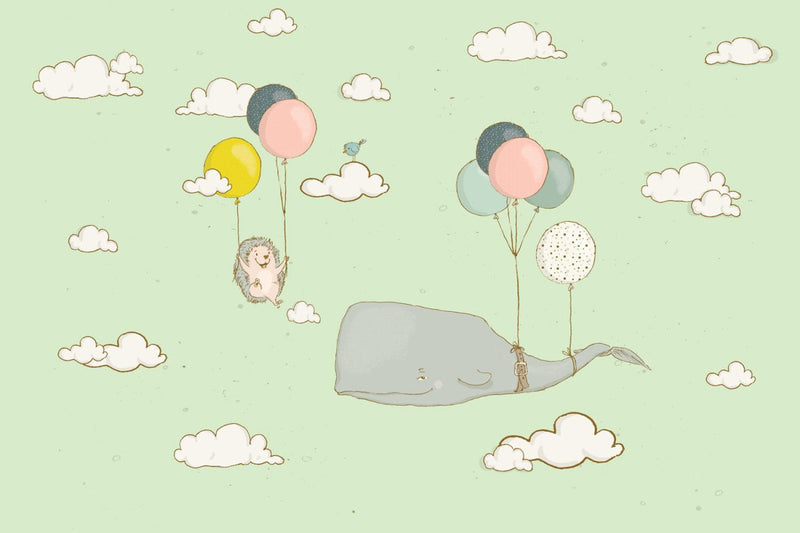 Kinderbehang walvis en egel aan ballonnen groen - Daring Walls