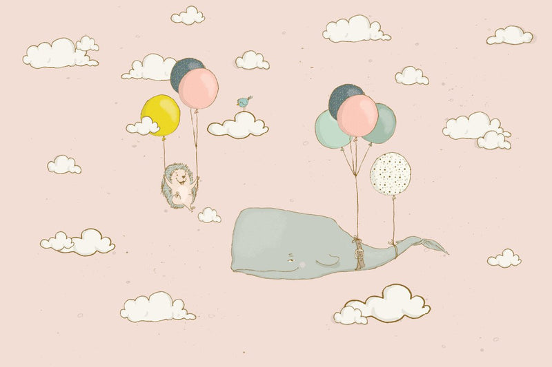 Kinderbehang walvis en egel aan ballonnen roze - Daring Walls