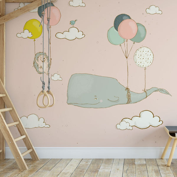 Kinderbehang walvis en egel aan ballonnen roze - Daring Walls