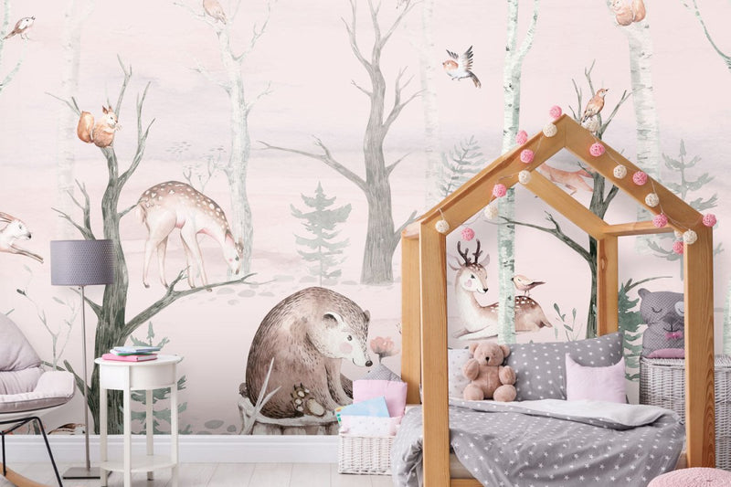 Kinderbehang Watercolor Forest Friends pink - Daring Walls