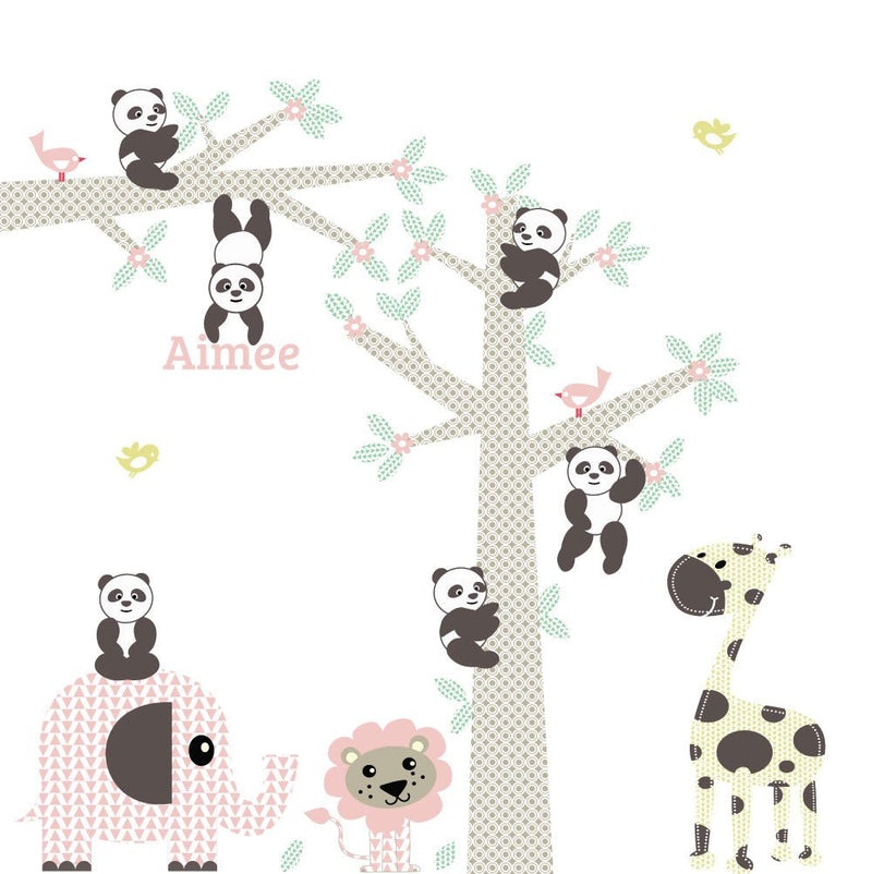 Muursticker Boom & tak Panda's pink met naam - Daring Walls