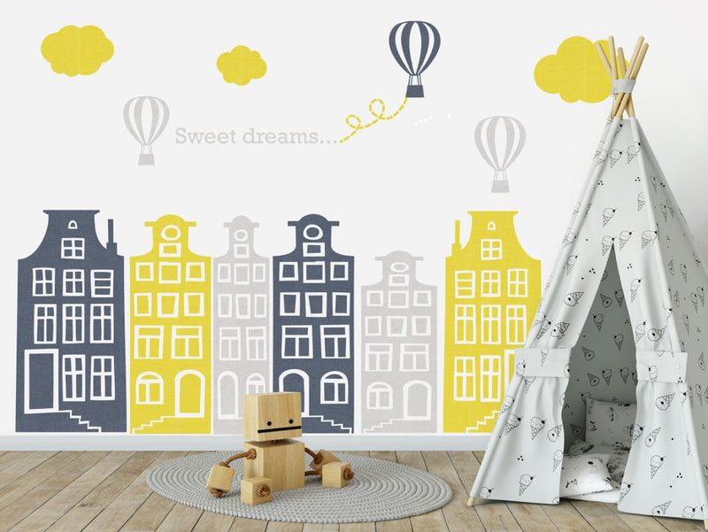 Muursticker huisjes en luchtballonnen grijs-geel - Daring Walls
