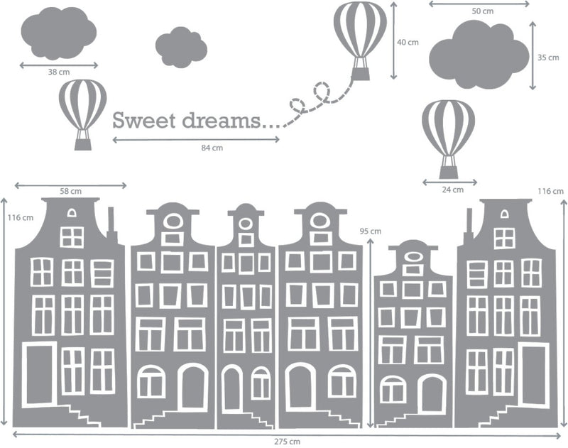 Muursticker huisjes en luchtballonnen grijs-geel - Daring Walls