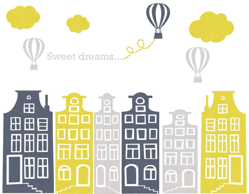 Muursticker Huisjes en luchtballonnen grijs - geel, met naam - Daring Walls