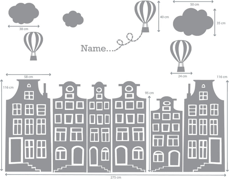 Muursticker Huisjes en luchtballonnen grijs - mint - Daring Walls