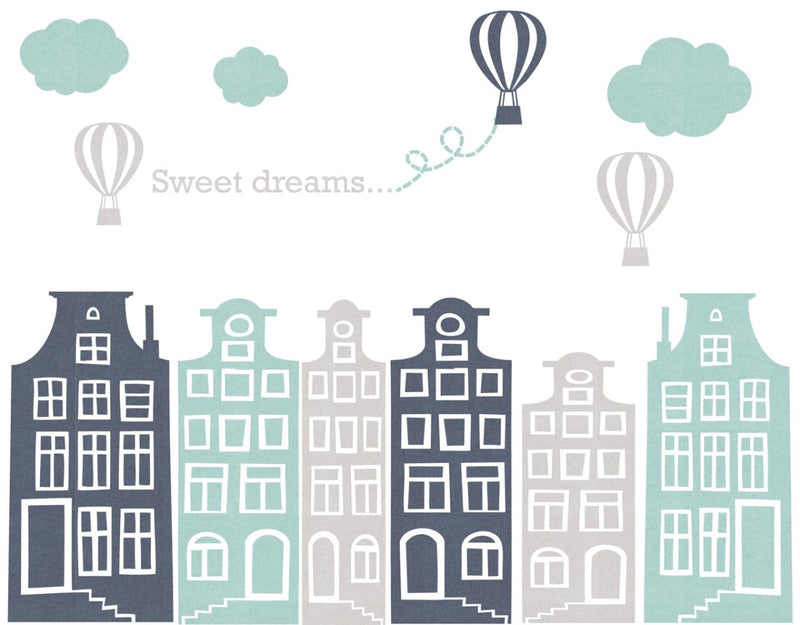 Muursticker Huisjes en luchtballonnen grijs - mint, met naam - Daring Walls