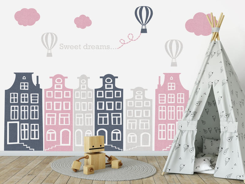 Muursticker Huisjes en luchtballonnen roze - grijs - Daring Walls