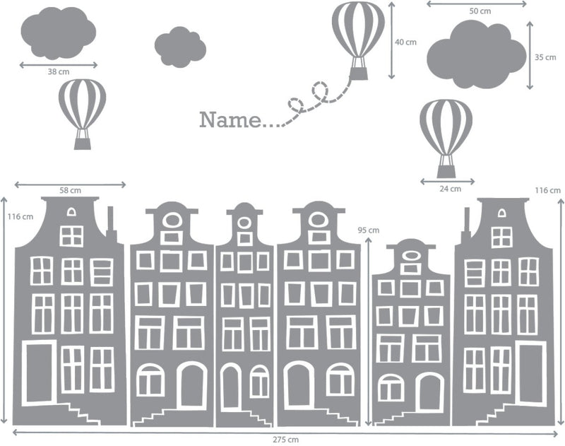 Muursticker Huisjes en luchtballonnen roze - grijs, met naam - Daring Walls