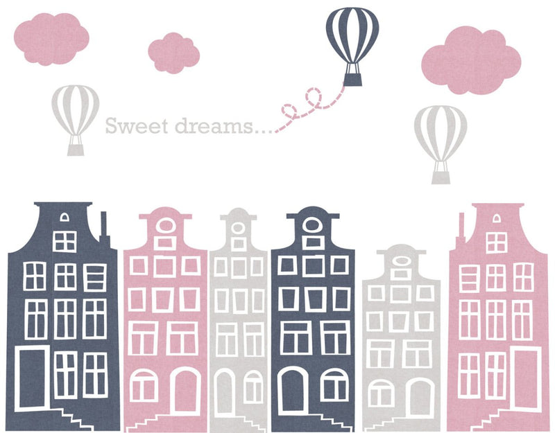 Muursticker Huisjes en luchtballonnen roze - grijs, met naam - Daring Walls