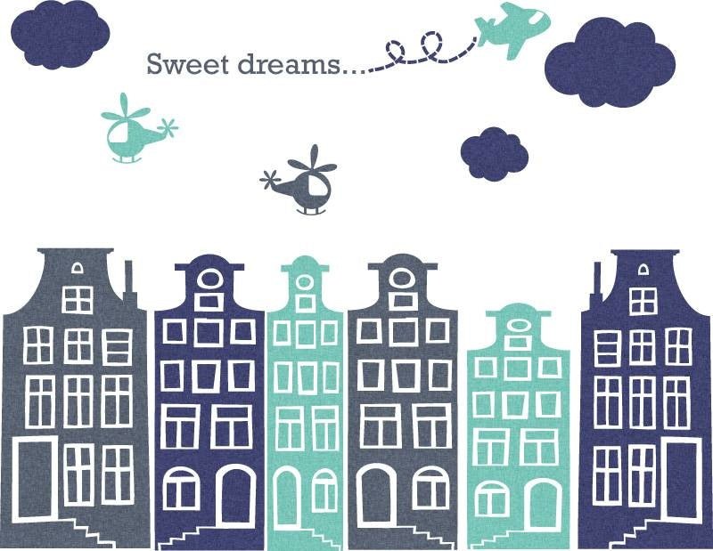 Muursticker Huisjes en vliegtuigjes mint - blauw - Daring Walls