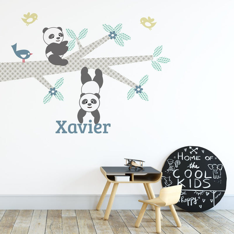 Muursticker Tak Panda's blue met naam - Daring Walls